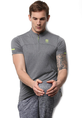 Solid Men Mandarin Collar Grey T-Shirt 