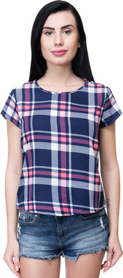 Deewa Casual Half Sleeve Checkered Women Blue Top