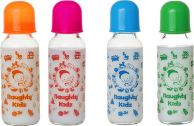 Naughty Kidz PREMIUM GLASS FEEDING BOTTLE WITH EIGHT(8) LSR NIPPLE -COMBO OF PINK-240ML+BLUE-240ML+GREEN-240ML+ORANGE-240ML - 240 ml(Multicolor) Naughty Kidz PREMIUM GLASS FEEDING BOTTLE WITH EIGHT(8) LSR NIPPLE -COMBO OF PINK-240ML+BLUE-240ML+GREEN-240ML+ORANGE-240ML - 240 ml(Multicolor)