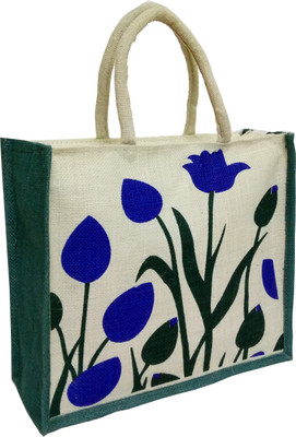 

styles creation Flower Print Designer Geen Handicraft Jute Lunch Tiffin Handbag Waterproof Lunch Bag(Green, White, Blue, 14 inch)