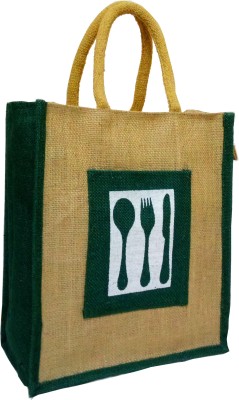 

styles creation Cutlery Print Designer Dark Green Handicraft Jute Lunch Tiffin Handbag Waterproof Lunch Bag(Green, 13 inch)