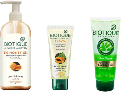 BIOTIQUE BIO Bio Honey Gel Face Wash, Bio Neem Purifying Face Wash, Bio Papaya Exfoliating Face Wash(Set of 3)