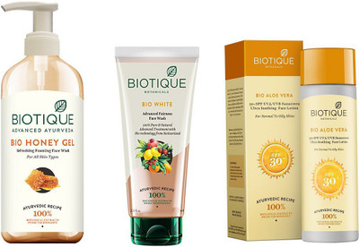 

BIOTIQUE BIO Bio Honey Gel Face Wash, Bio White Advanced Fairness Face Wash, Bio Aloe Vera Ultra Soothing Face Lotion SPF 30 UVA/UVB Sunscreen(Set of 3)