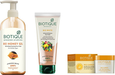 

BIOTIQUE BIO Bio Honey Gel Face Wash, Bio White Advanced Fairness Face Wash, Bio Carrot 40+Spc Sunscreen Ultra Soothing Face Cream(Set of 3)