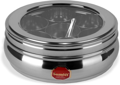 Sumeet Stainless Steel Belly Shape Masala (Spice) Box / Dabba/ Organiser with See Through Lid with 7 Containers and Small Spoon Size No. 10 (17.1cm Dia) (1.1 Ltr Capacity) 1 Piece Spice Set(Stainless Steel)