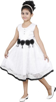 DEBDESHIK Girls Midi/Knee Length Party Dress(White, Sleeveless)