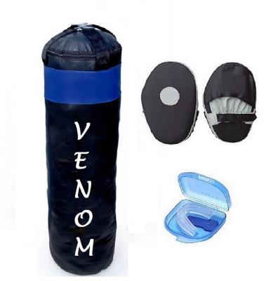

Venom 4.5 Feet Long, PU Material, Black and Blue Color, Unfilled with Hanging Straps, Pair of Black Color Straight Coacher Pad and Blue Color Mouth Guard Gym & Fitness Kit