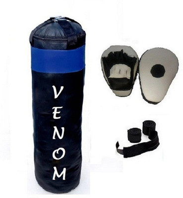 

Venom 4.5 Feet Long, PU Material, Black and Blue Color, Unfilled with Hanging Straps, Pair of Black Color Curve Coacher Pad, 9 Feet Long Black Color Hand Wraps Gym & Fitness Kit