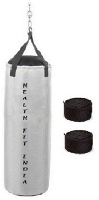 

HEALTH FIT INDIA 6.0 Feet Long, SRF - STANDARD Material, White Color, Unfilled with Hanging Straps and 9 Feet Long Black Color Hand Wraps Pair Boxing Kit