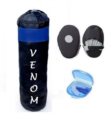 

Venom 3.5 Feet Long, PU Material, Black and Blue Color, Unfilled with Hanging Straps, Pair of Black Color Straight Coacher Pad and Blue Color Mouth Guard Gym & Fitness Kit