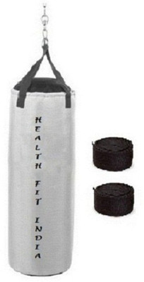 

HEALTH FIT INDIA 4.0 Feet Long, SRF - STANDARD Material, White Color, Unfilled with Hanging Straps and 9 Feet Long Black Color Hand Wraps Pair Boxing Kit
