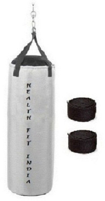 

HEALTH FIT INDIA 5.5 Feet Long, SRF - STANDARD Material, White Color, Unfilled with Hanging Straps and 9 Feet Long Black Color Hand Wraps Pair Boxing Kit