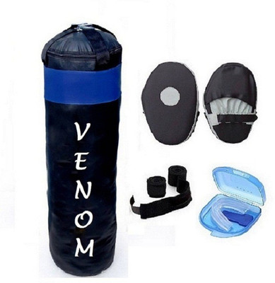 

Venom 3.0 Feet Long, PU Material, Black and Blue Color, Unfilled with Hanging Straps, Pair of Black Color Curve Coacher Pad, 9 Feet Long Black Color Hand Wraps and Blue Color Mouth Guard Gym & Fitness Kit