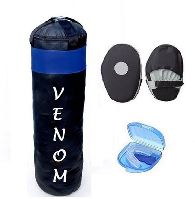 

Venom 5.0 Feet Long, PU Material, Black and Blue Color, Unfilled with Hanging Straps, Pair of Black Color Straight Coacher Pad and Blue Color Mouth Guard Gym & Fitness Kit