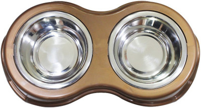 

Benzara Pet Double Diner Bowl Stainless Steel Snap Round Stainless Steel Pet Bowl(700 ml Brown, Silver)