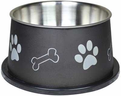 

Benzara Paw Bone Print Stainless Steel Pet Bowl Fusion Spaniel Round Stainless Steel Pet Bowl(900 ml Black, Silver)