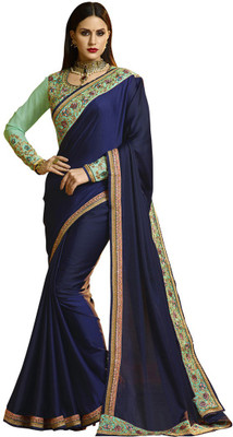 Saara Embroidered, Embellished, Solid Fashion Poly Silk Saree(Dark Blue)