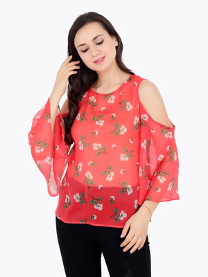 Cation Casual Kimono Sleeve Floral Print Women Orange Top