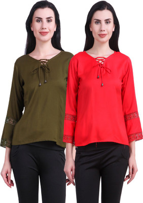 KRITIKA WORLD Casual 3/4 Sleeve Solid Women Multicolor Top