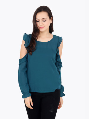 Cation Casual Full Sleeve Solid Women Blue Top