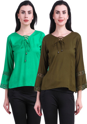 Hardys Casual 3/4 Sleeve Solid Women Multicolor Top