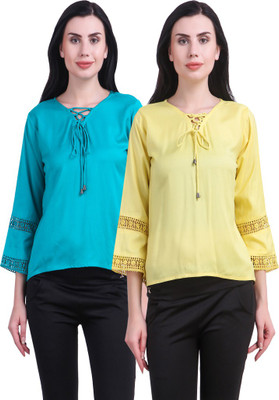 KRITIKA WORLD Casual 3/4 Sleeve Solid Women Multicolor Top