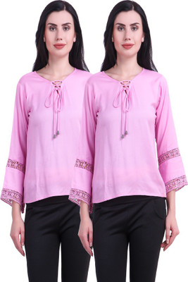 Hardys Casual 3/4 Sleeve Solid Women Pink Top Hardys Casual 3/4 Sleeve Solid Women Pink Top