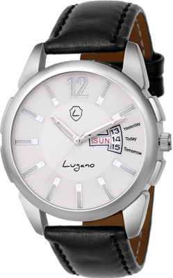 

Lugano 1158 Stylish Day & Date Series With Black Leather Strap Watch - For Men