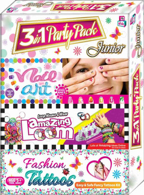 

Grab Offers 3 in 1 Party Pack Jr. Nail Art, Fashion Loom And Fashion Tattoos Pack Easy Way For Learning Weaving And Such Activities For Kids.