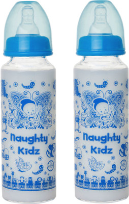 Naughty Kidz PREMIUM BOROSILICATE GLASS FEEDING BOTTLE WITH FOUR LSR NIPPLE -COMBO OF BLUE-250ML+BLUE-250ML - 250 ml(Blue)