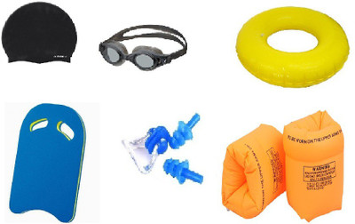 

FACTO POWER MULTICOLOR GOGGLES, CAP WITH EAR, NOSE PLUG, 70 CENTIMER TUBE, ARM FLOTS & KICK BOARD Swimming Kit