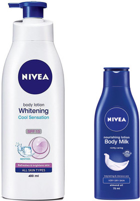 

Nivea WHITENING COOL SENSATION SPF 15 BODY LOTION WITH MENTHOL,400 ML + EXTRA WHITENING CELL REPAIR SPF 15 BODY LOTION 75 ML(75 ml)
