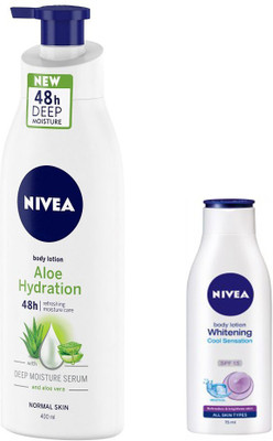 

Nivea ALOE HYDRATION LOTION WITH DEEP MOISTURE SERUM AND ALOE VERA 400 ML+WHITENING COOL SENSATION SPF 115 BODY LOTION 75 ML(400 ml)