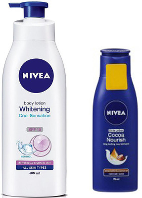 

Nivea WHITENING COOL SENSATION SPF 15 BODY LOTION WITH MENTHOL,400 ML +COCOA NOURISH OIL IN LOTION 75 ML(400 ml)