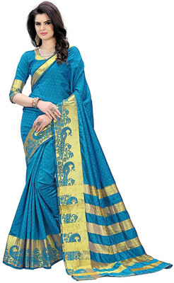 Aaghnya Self Design Fashion Cotton Silk Saree(Blue)