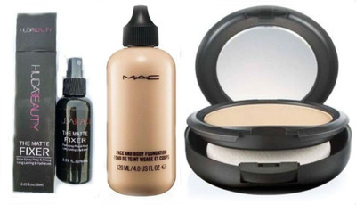 

Huda Beauty MAKEUP KIT MAKEUP FIXER SPRAY WITH FOUNDATION & COMPACT (MAC) SUITABLE FOR ALL SKIN(Set of 3)