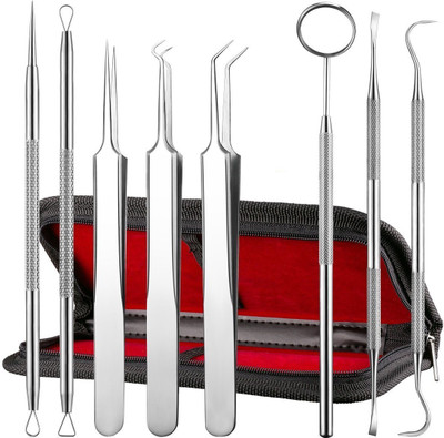 

Foolzy 8 Pieces Blackhead Remover Tweezer Kit & Dental Tools, Blackhead Tools for Comedone Extractor Whitehead Acne Blemish Pimple Remover, Dental Pick, Tartar Plaque Remover, Dental Set for Oral Care Dental Elevator
