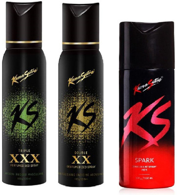 

KamaSutra KS Spark Deodorant with Double XX, Tripal XXX Perfume Set of 3 Deodorant Spray - For Men (120 ml, Pack of 3) Perfume Body Spray - For Men(120 g, Pack of 3)
