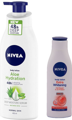 

Nivea ALOE HYDRATION LOTION WITH DEEP MOISTURE SERUM AND ALOE VERA 400 ML+EXTRA WHITENING CELL REPAIR SPF 15 BODY LOTION 75 ML(400 ml)