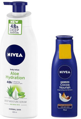 

Nivea ALOE HYDRATION LOTION WITH DEEP MOISTURE SERUM AND ALOE VERA 400 ML+COCOA NOURISH OIL IN LOTION 75 ML(400 ml)