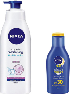 

Nivea WHITENING COOL SENSATION SPF 15 BODY LOTION 400 ML+SUN PROTECT & MOISTURISING LOTION SPF 30 PA++ 75 ML(400 ml)