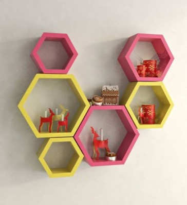 OnlineCraft wooden wall shelf Wooden Wall Shelf(Number of Shelves - 6, Pink, Yellow)