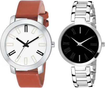

Rage Enterprise New Designer Leather Strap Set Of 2 Couple Watch - For Men & Women