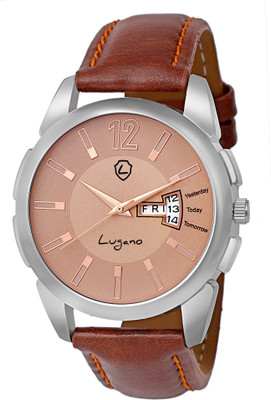 

Lugano 1156 Stylish Day & Date Series With Brown Leather Strap Watch - For Men