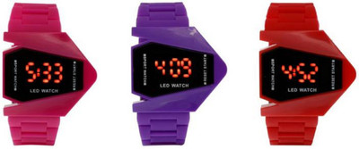 Montres New Stylish Pink,Red,Purple Rubber Belt Fancy Dial Pack Of 3 Digital Kids Watch - For Boys