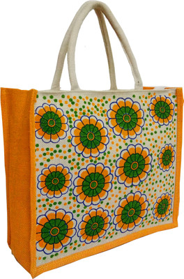 

styles creation Floral Print Designer Yellow Handicraft Jute Lunch Tiffin Handbag Waterproof Lunch Bag(Yellow, White, Green, 14 inch)