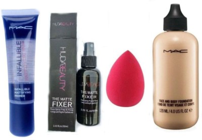 

Huda Beauty COMBO MAKEUP FIXER SPRAY WITH BLENDER PUFF SPONGE, MAC FOUNDATION & PRIMER(Set of 4)