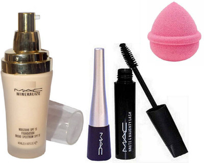 

studio Spounge Puff, Mac Mineralize Moisture SPF 15 Foundation With Mac Liquid Eyeliner & Haute And Naughty Curl Lash Mascara(Set of 4)