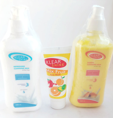 

Klear Shine Sandal Cleasing Milk-500ml, Refreshing Cleasing Milk-500ml, Mix Fruit Face Wash-60ml.(Set of 1)