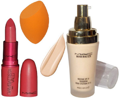 

studio Spounge Puff , Mineralize Moisture Foundation Of Mac & Mac Giambattista valli Matte Finish Lipstick(Set of 3)